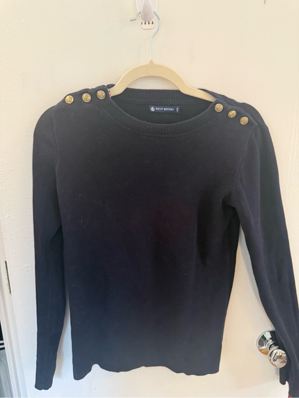 Petit Bateau Navy Crewneck Sweater with Gold Shoulder Buttons